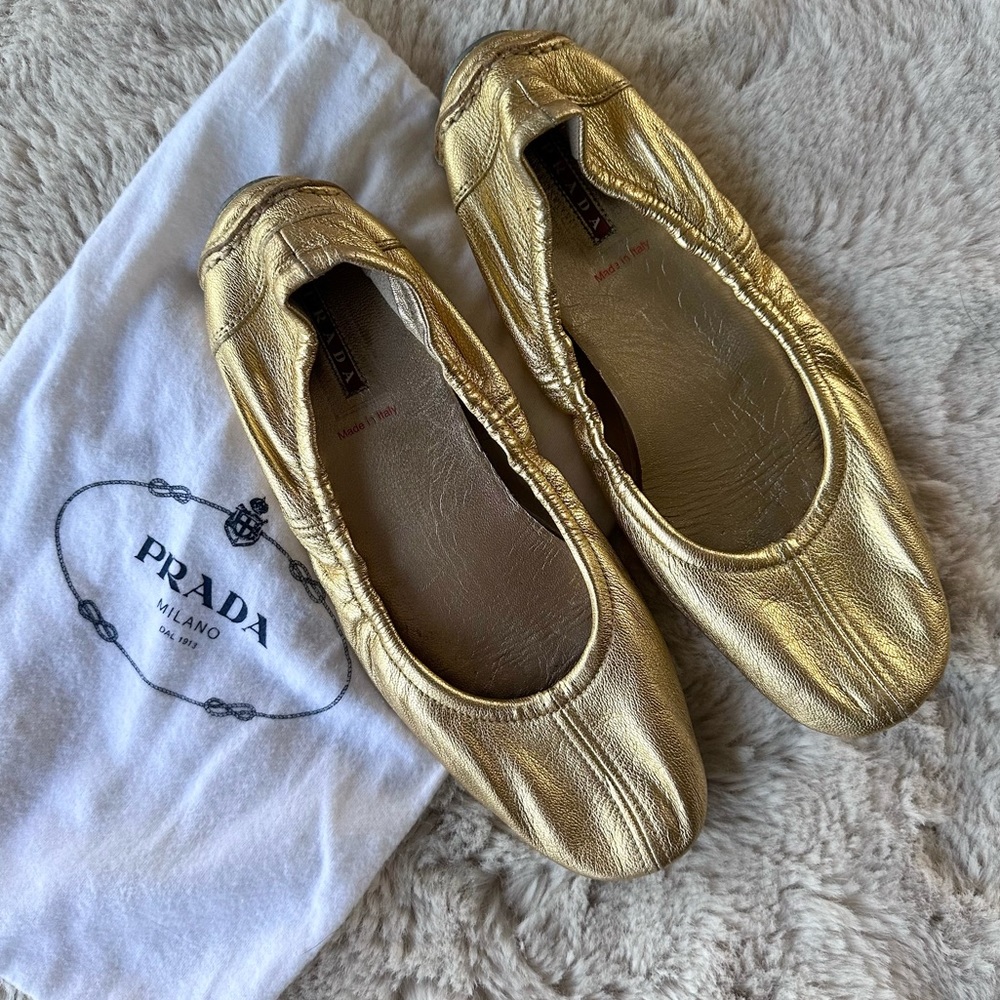 Prada Gold Leather Ballet Flats